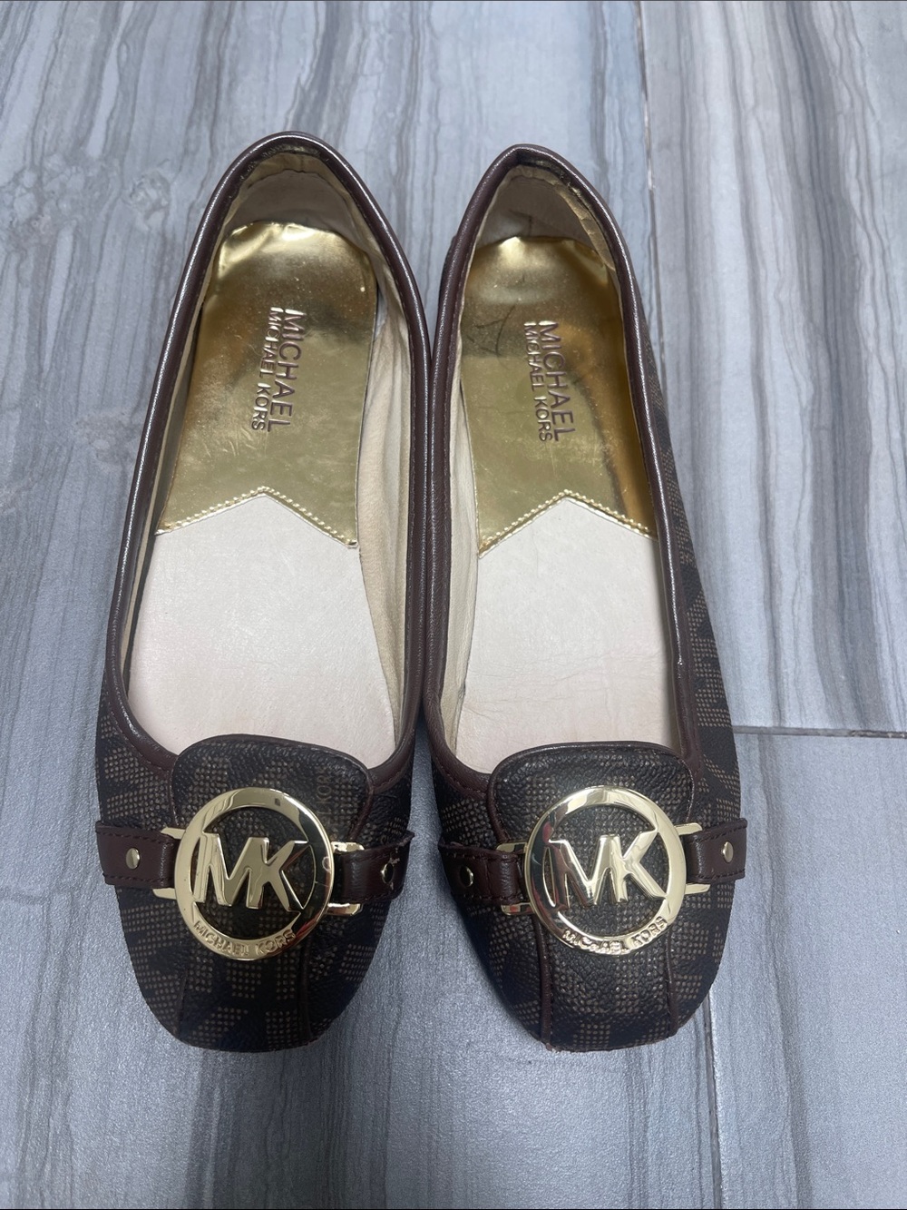Michael Kors Brown Logo MK Gold-Emblem Women’s Loafers